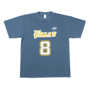 Blue T-shirt with yellow Villa’s lettering and number 8