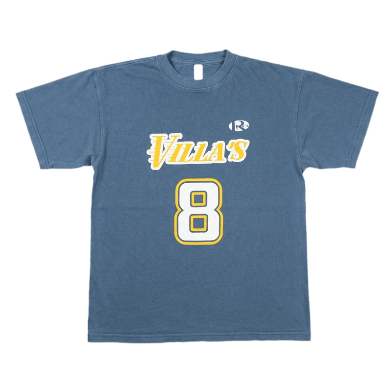 Blue T-shirt with yellow Villa’s lettering and number 8