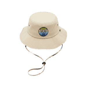 Cream bucket hat with embroidered VT badge and chin cord