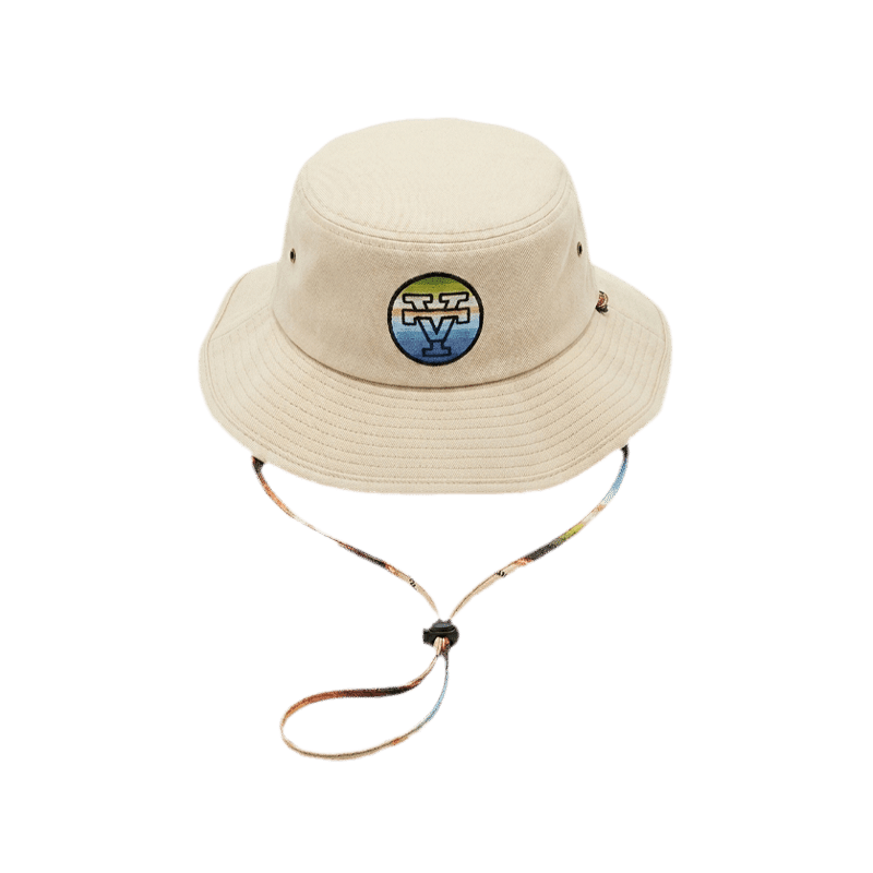 Cream bucket hat with embroidered VT badge and chin cord