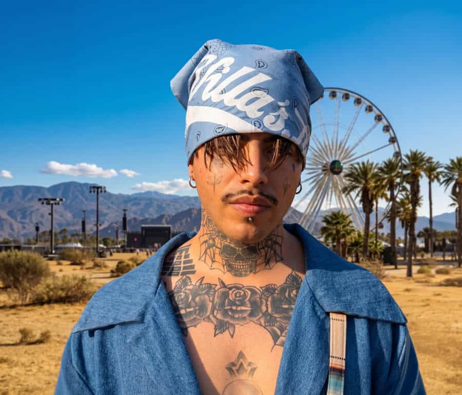 Blue Villa’s bandana worn as a head covering at a festival, front view