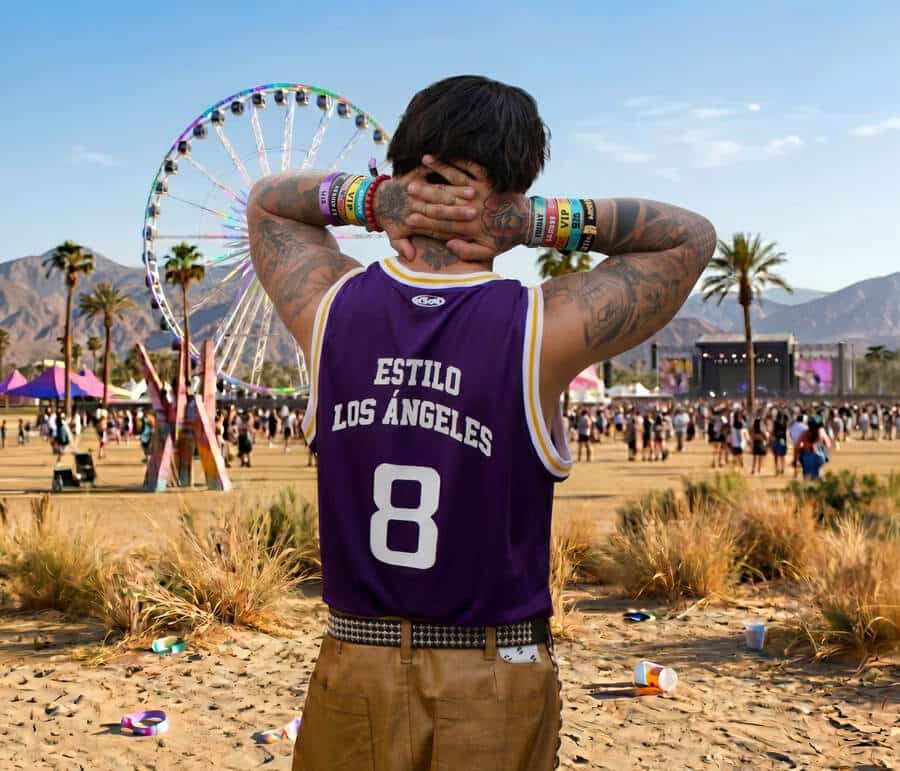 Back view of Numero Ocho jersey worn at a festival, showing Estilo Los Angeles and number 8