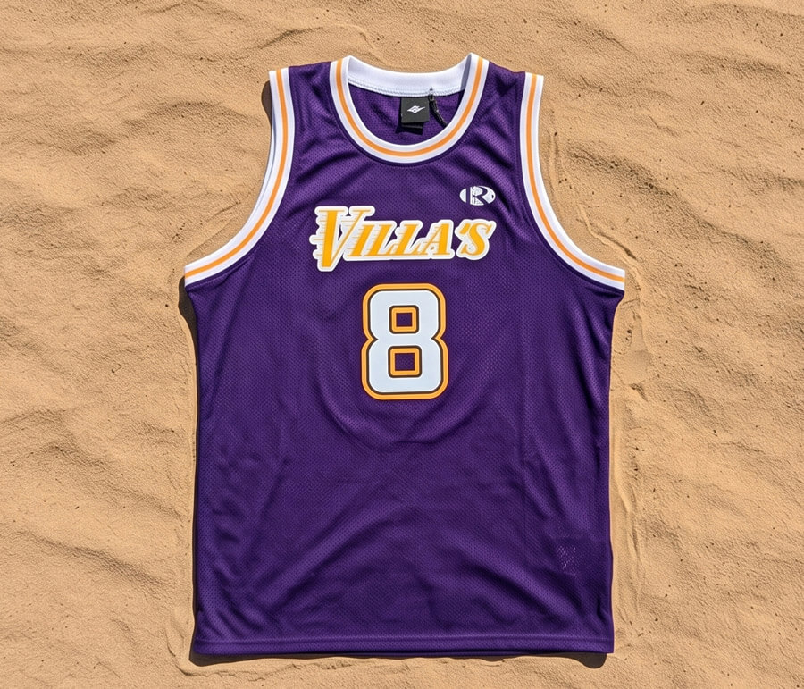 Front of purple Numero Ocho jersey laid flat on sand